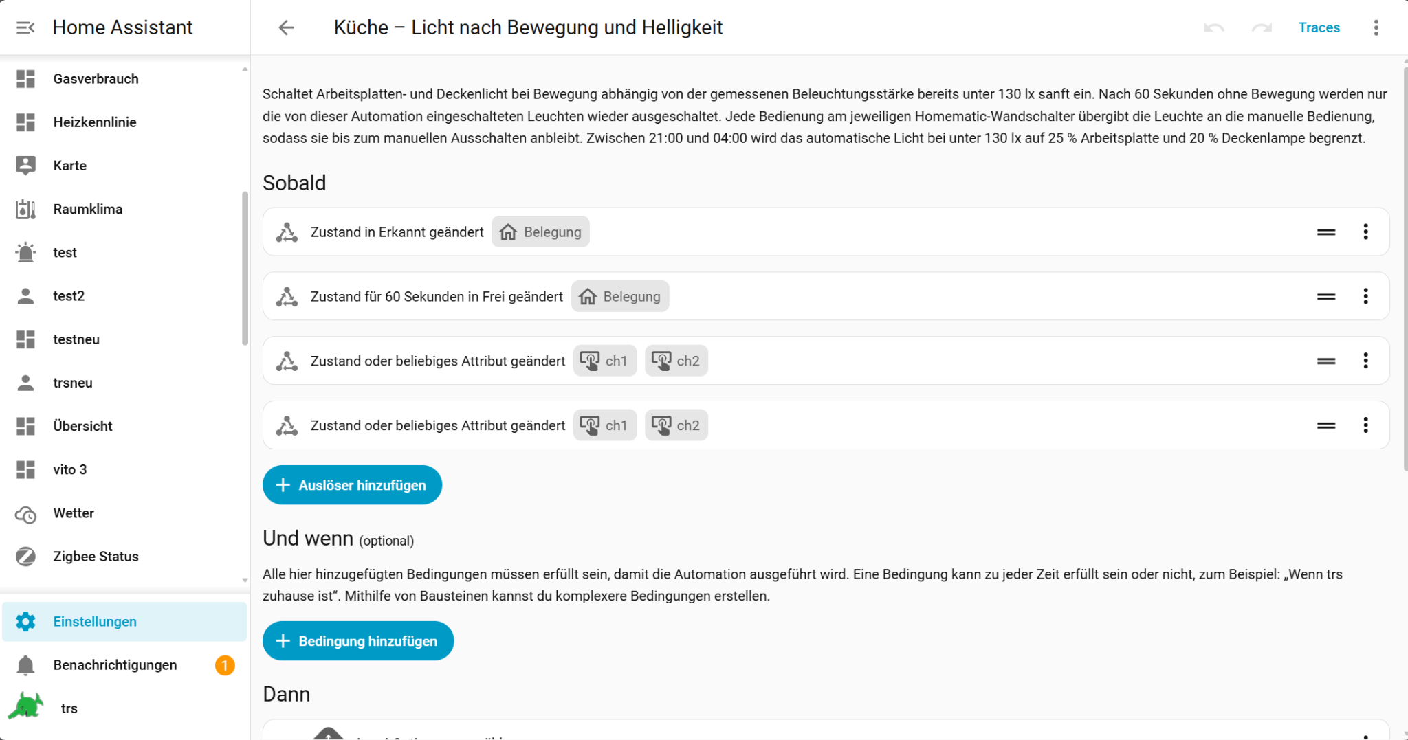 Echte Home-Assistant-Automation für Küchenlicht mit Bewegung Helligkeit und manueller Bedienung