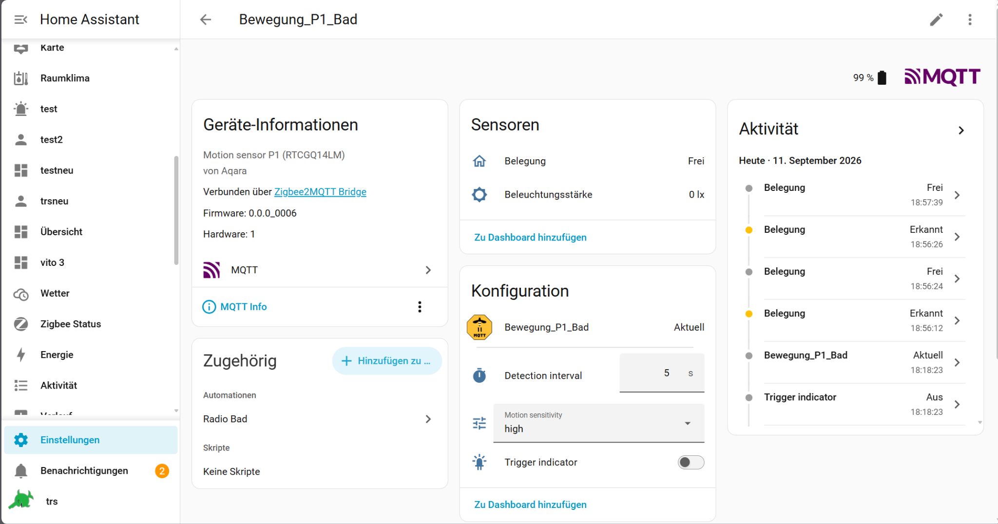 Aqara Bewegungsmelder als Gerät in Home Assistant mit Bewegung und Beleuchtungsstärke