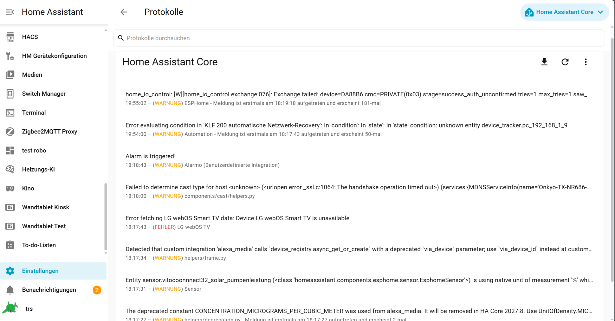 Echte Home-Assistant-Protokolle mit Warnungen und Fehlern zur Fehlersuche mit KI
