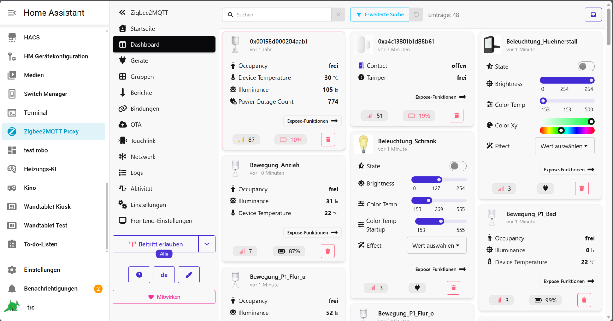 Echte Zigbee2MQTT Oberfläche in Home Assistant mit Sensoren Lampen Signalstärke und Batteriestand