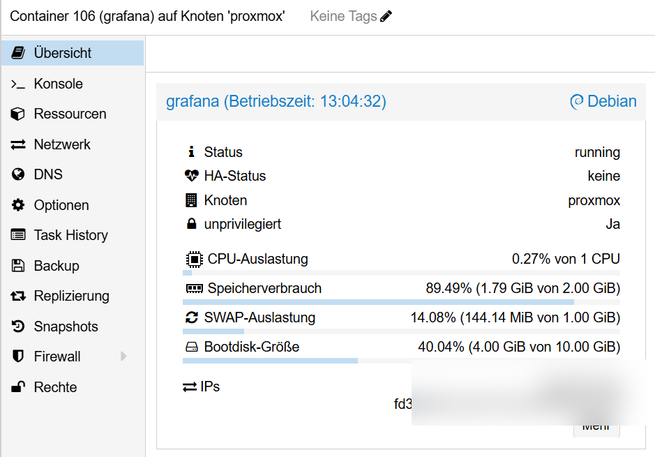 Anonymisierte Proxmox-Übersicht unseres Grafana-LXC mit CPU-, RAM- und Diskwerten