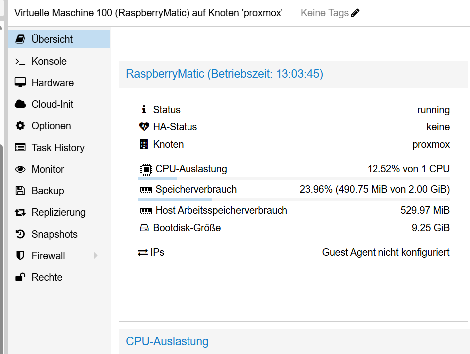 Proxmox-Übersicht unserer RaspberryMatic-VM mit Ressourcenwerten