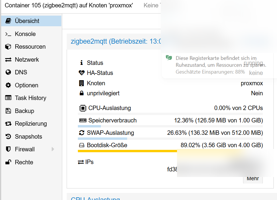 Anonymisierte Proxmox-Übersicht unseres Zigbee2MQTT-LXC mit Ressourcenwerten